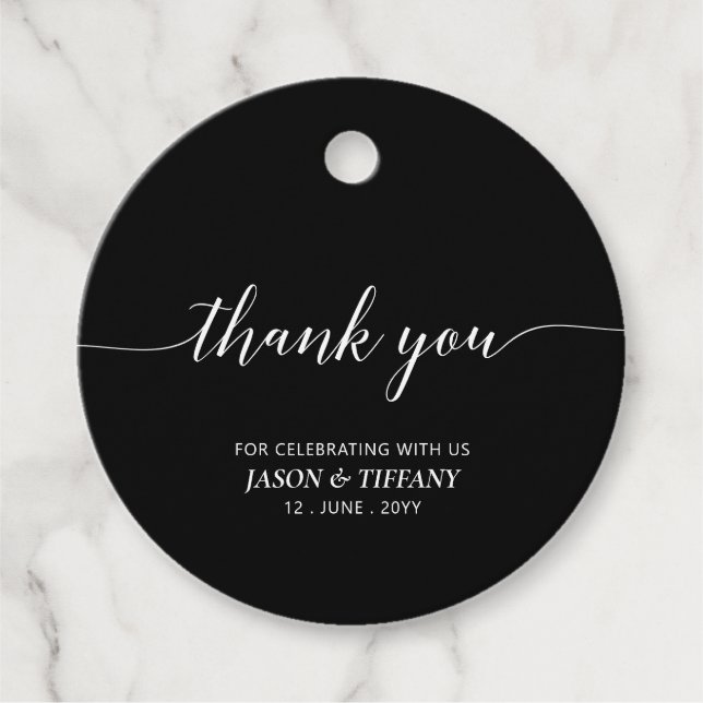 Étiquettes Cadeau Élégante écriture Noir & Blanc Merci de la fête (Devant)