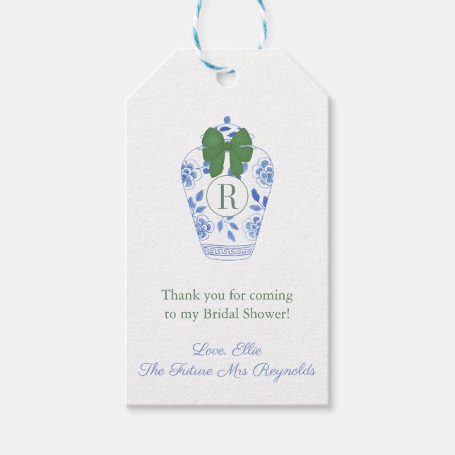 Étiquettes-cadeau Élégante Fête des mariées Monogram Green Bow (Devant)