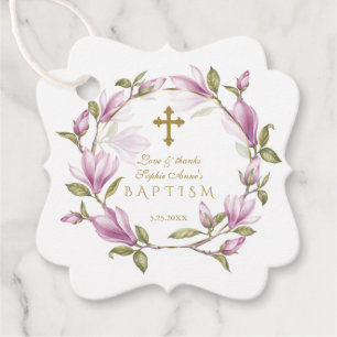 Étiquettes Cadeau Élégante Fleurs de Magnolia Rose Wreath Gold Bapti