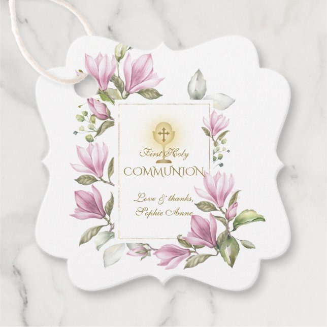 Étiquettes Cadeau Elégante Fleurs Magnolia Or Première Communion Sai (Devant)