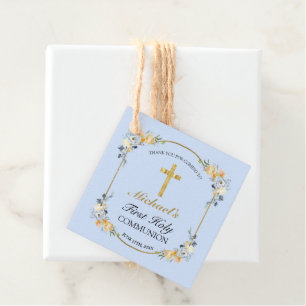 Étiquettes Cadeau Elégante Pêche Bleue Florale 1ère Sainte Communion