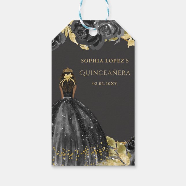 Étiquettes-cadeau Élégante princesse florale d'or noir Quinceanera (Devant)