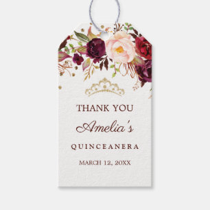 Étiquettes-cadeau Elégante Quinceanera Florale Bourgogne Or