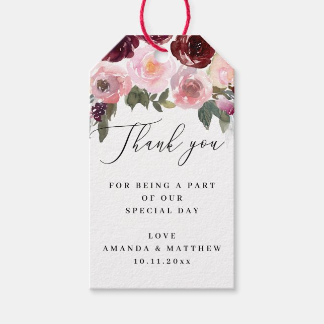 Étiquettes-cadeau Élégante rose. Floral script mariage merci (Devant)