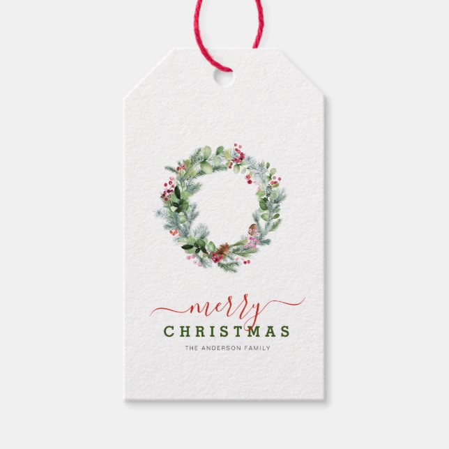 Étiquettes-cadeau Élégante verdure vacances couronne noël (Devant)