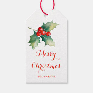 Étiquettes-cadeau Élégantes feuilles de houx à l'aquarelle Noël
