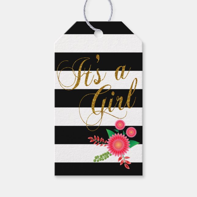 Étiquettes-cadeau Élégantes rayures noires et blanches avec fleurs r (Devant)