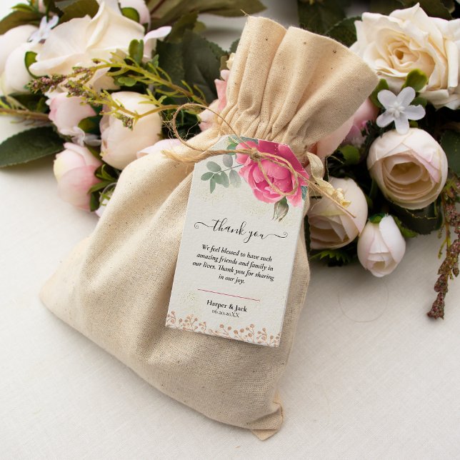 Étiquettes-cadeau Élégantes Roses Fleurs Rose Poudré Or Mariage (Créateur téléchargé)