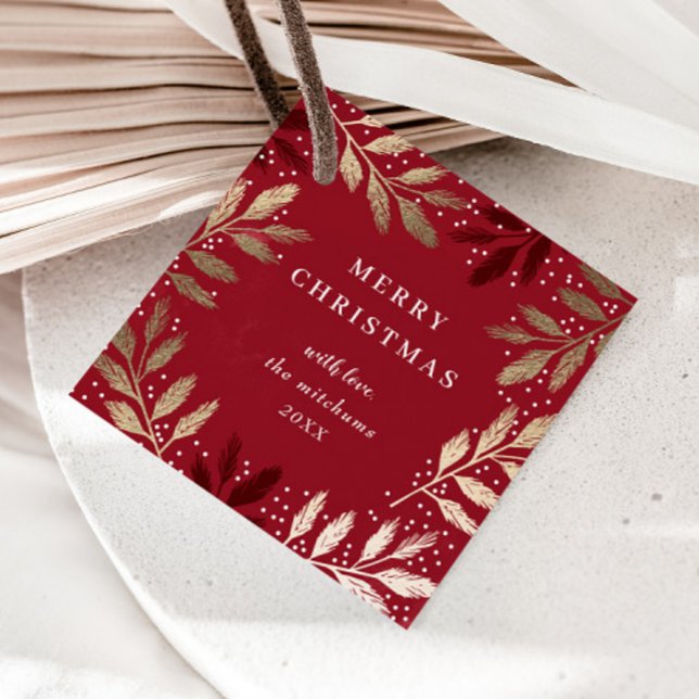 Étiquettes Cadeau Élégantes Succursales Foil Joyeux Noël (Elegant red and gold foil greenery branch merry christmas gift tags.)
