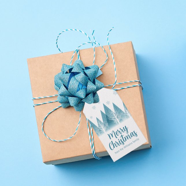 Étiquettes-cadeau Élégants arbres d'hiver personnalisés Bleu Joyeux  (Créateur téléchargé)