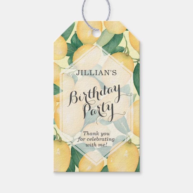 Étiquettes-cadeau Élégants citrons et Merci Feuille d'anniversaire (Devant)