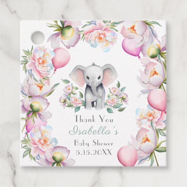 Étiquettes Cadeau Eléphant Bébé avec pivoines et Baby shower Ballons (Devant)