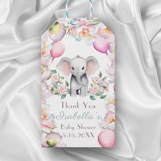 Étiquettes-cadeau Eléphant Bébé avec pivoines et ballons Merci (Charming Baby Elephant & Peonies: A Thank You Gift Tag with Love!)