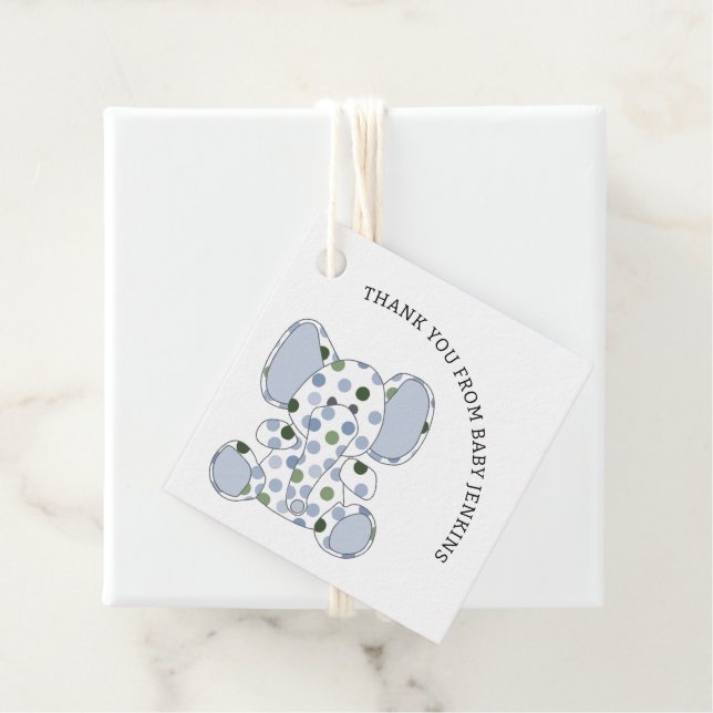 Étiquettes Cadeau Eléphant bleu bébé (En situation)