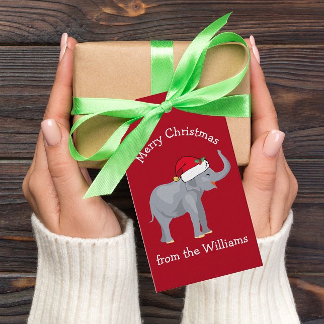 Étiquettes-cadeau Elephant de Noël Santa Hat Coutume rouge mignonne  (Créateur téléchargé)