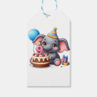 Étiquettes-cadeau Éléphant Mignon 9e Anniversaire