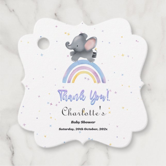 Étiquettes Cadeau Eléphant mignon avec Baby shower Rainbow coloré (Devant)