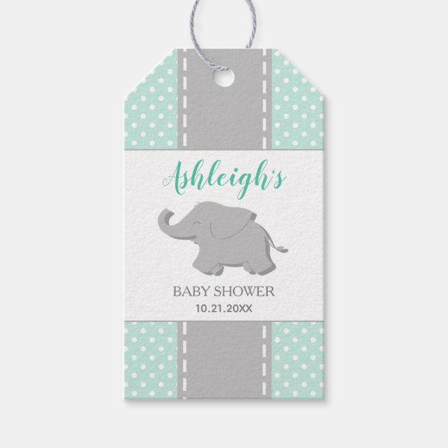 Étiquettes-cadeau Eléphant Mint Green Polka Dot Baby shower Favorise (Devant)