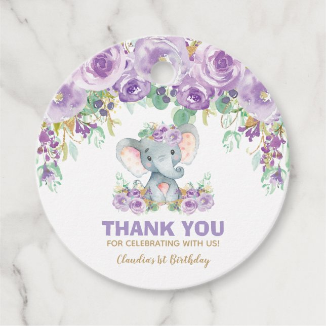 Étiquettes Cadeau Eléphant mou Floral Merci d'anniversaire (Devant)