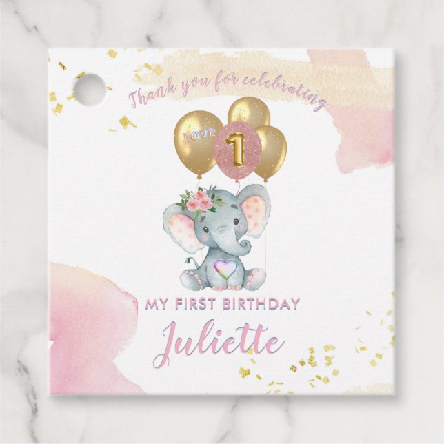 Étiquettes Cadeau Eléphant rose de charme premier anniversaire fille (Devant)