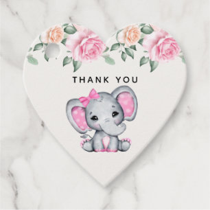 Étiquettes Cadeau Eléphant rose mignonne et Merci frontalier Rose