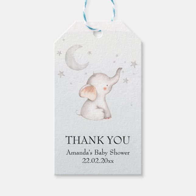 Étiquettes-cadeau Elephant Stars Lune Dusty Blue Boy Baby shower (Devant)