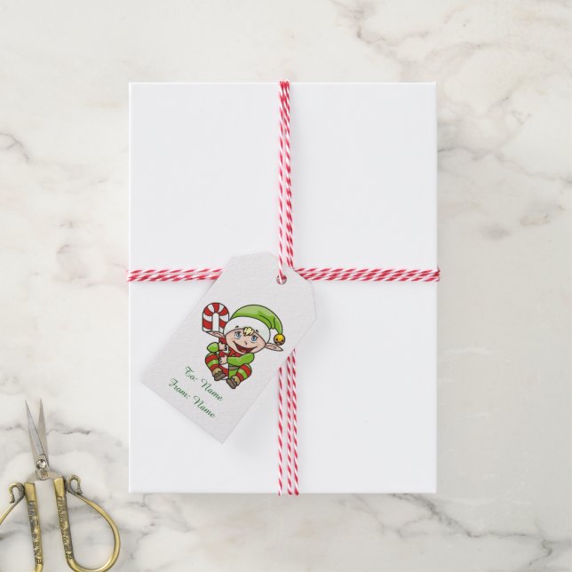 Étiquettes-cadeau Elfe de Noël avec Sucre de canne (Avec de la ficelle)