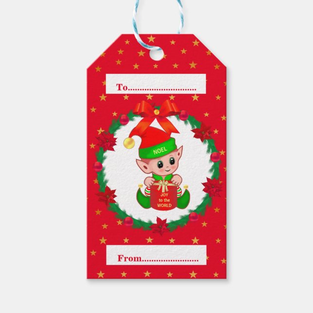 Étiquettes-cadeau elfe de Noël, couronne de pin, poinsettias & étoil (Devant)