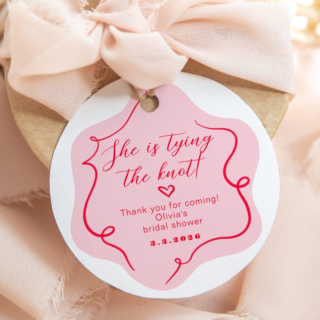 Étiquettes Cadeau Elle attache le noeud rétro rose ondulé et rouge (Créateur téléchargé)