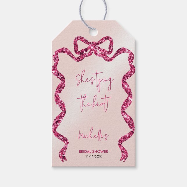 Étiquettes-cadeau Elle noue le nœud chic paillettes rose ruban de ma (Devant)