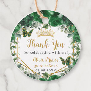 Étiquettes Cadeau Emerald Green Butterflies Gold Quinceañera