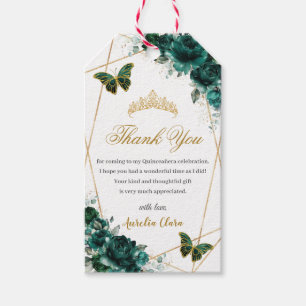 Étiquettes-cadeau Emerald Green Butterflies Quince Anniversaire