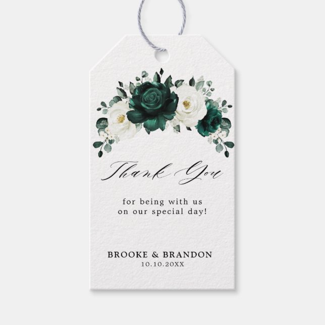 Étiquettes-cadeau Emerald Green Eucalyptus Blanc Floral Mariage (Devant)