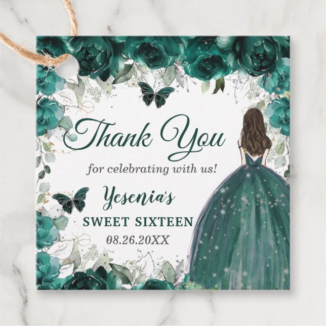 Étiquettes Cadeau Emerald Green Floral Butterflies Princess Birthday (Devant)