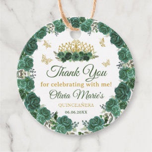 Étiquettes Cadeau Emerald Green Floral Tiara Butterfly Quinceanera