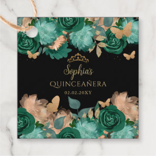 Étiquettes Cadeau Emerald Green Gold Floral Butterfly Quinceañera