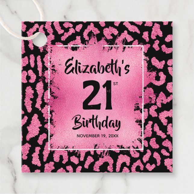 Étiquettes Cadeau Empreinte de léopard rose chaud 21e anniversaire P (Devant)