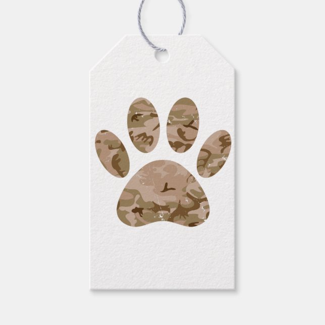 Étiquettes-cadeau Empreinte de patte en détresse de Camo Dog du dése (Devant)