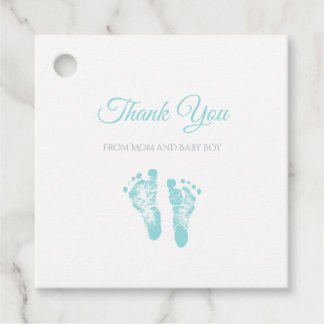 Étiquettes Cadeau Empreintes bleues simples Baby shower garçon Merci