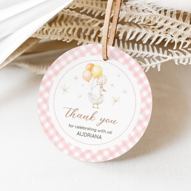 Étiquettes Cadeau En vichy d'oie sotte à la fête d'anniversaire (Pink Gingham Silly Goose Birthday Party Round Favor Tags)