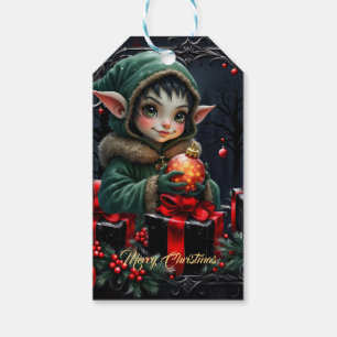 Étiquettes-cadeau Enfant Elfe mignon en manteau à capuchon vert