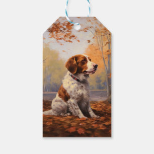 Étiquettes-cadeau Épagneul breton dans les feuilles d'automne qui to