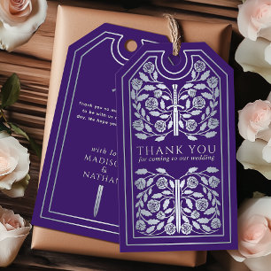 Étiquettes-cadeau Épée argentée médiévale violette Mariage Remerciem