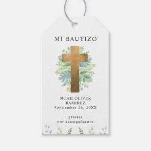 Étiquettes-cadeau Espagnol, Baptême Elégante Croix d'or avec verdure