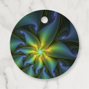 Étiquettes Cadeau Etoile Abstraite, bleu brillant et vert d'or