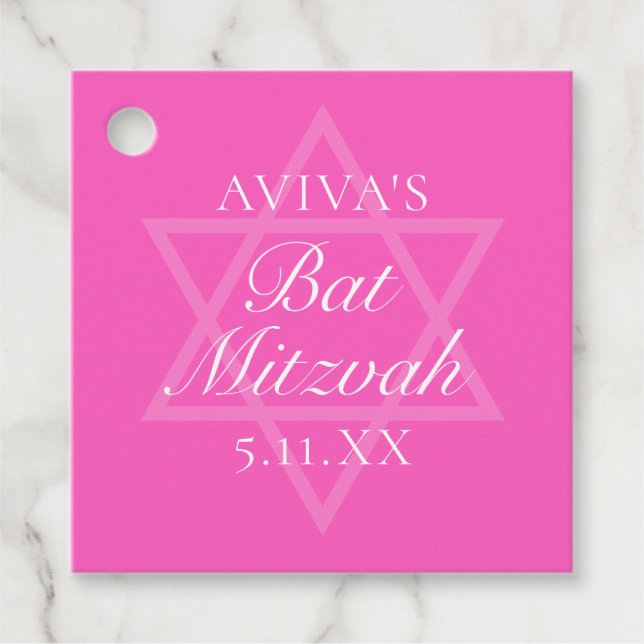 Étiquettes Cadeau Étoile de David du Parti Bat mitzvah rose chaud (Devant)