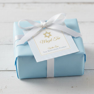Étiquettes Cadeau Étoile de David Rayures Bleues M