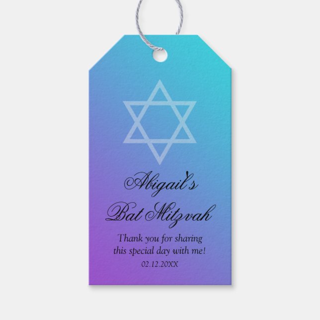 Étiquettes-cadeau Étoile violette turquoise de David Bat mitzvah (Devant)