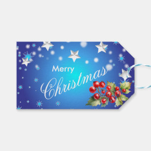 Étiquettes-cadeau Étoiles Bleues Glacées et Baies Rouges de Noël