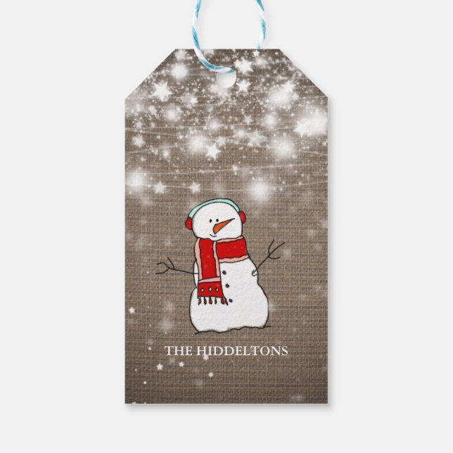 Étiquettes-cadeau Étoiles Burlap Noël joli Snowman Script Vacances (Dos)